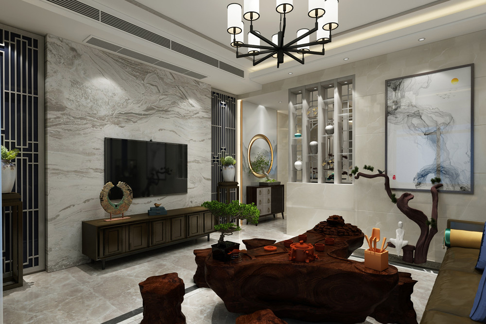 梧州市豐業花園東苑新中式風格三居室裝修案例