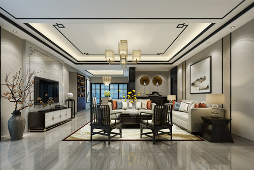 海口市港島花園新中式風格三居室裝修案例